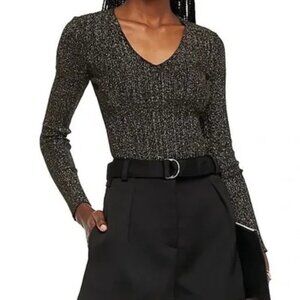 Maje Metallic Rib V-Neck Sweater (Black/Gold) XS/S